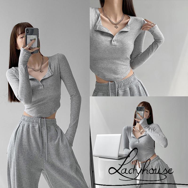 LDD-Women T-shirt Long Sleeve Henley Neck Solid Slim Fit Fall Casual Daily Ladies Tops