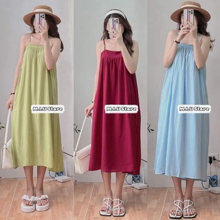 Váy Đầm Maxi Đi Biển Hai Dây Xòe Vải Đũi Lụa Mềm Mát Màu Xanh Lá Xanh Bơ