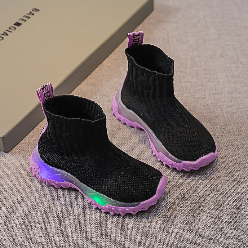 Giày thể thao vải len dệt kim có đèn led thời trang mùa thu 2021 size 21-30 dành cho trẻ em