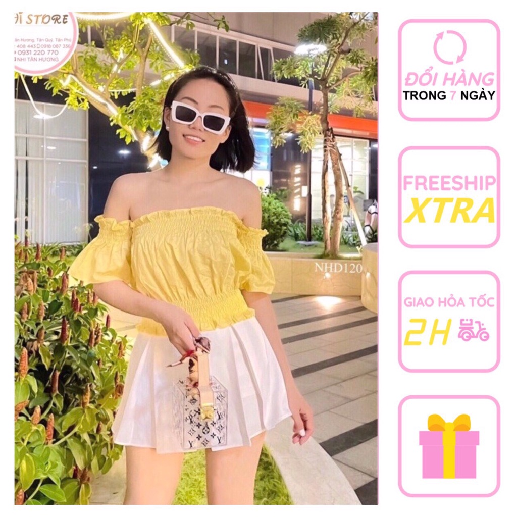 [FREESHIP 50K] Áo Kiểu Nữ NHISTORE Áo Ống Trễ Vai Tay Ngắn Loa Thun Eo Chất Lụa Thái Bông Trẻ Trung Dưới 57KG