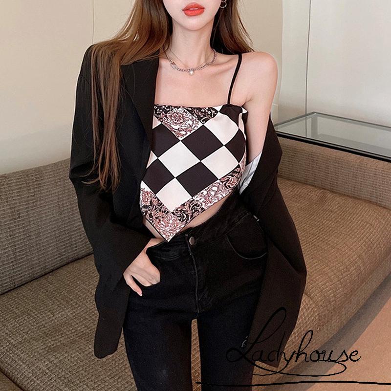 Ldd-áo Croptop Hai Dây Không Tay Họa Tiết Sọc Caro Phong Cách Florid Kerchief Thời Trang Xuân Hè Dành Cho Nữ