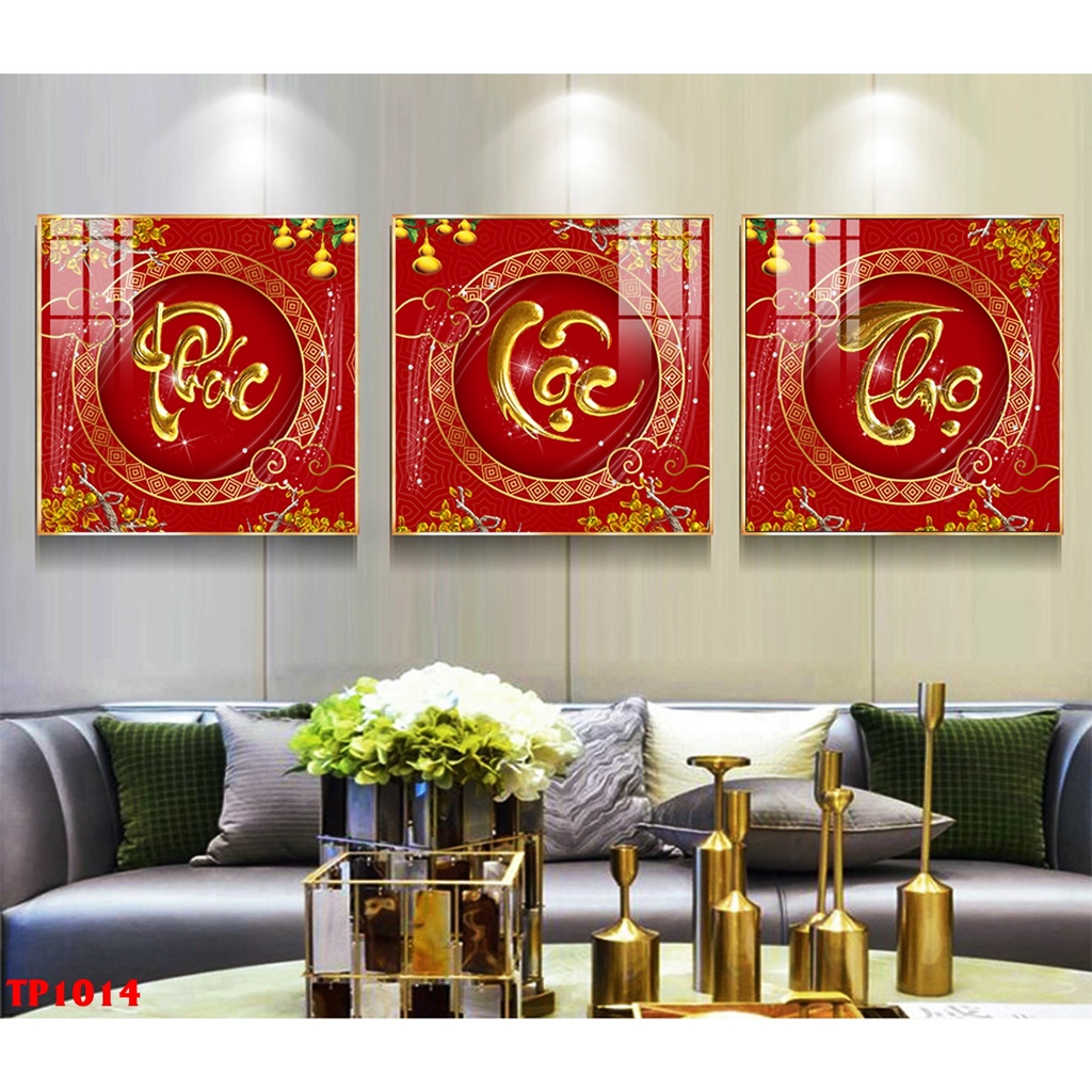 Tranh tráng gương- Phúc Lộc Thọ- Tranh treo phòng khách, cầu thang- Bộ 3 tấm đồng size KT 50x50cm