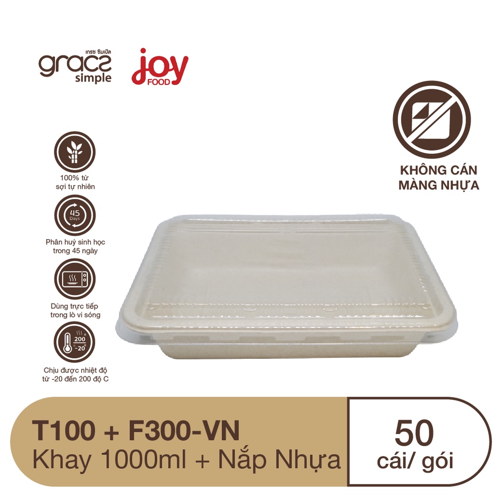 50 khay bã mía Thái Lan 1000ml, khay cơm dùng 1 lần phân hủy sinh học/ Kèm Nắp Nhựa