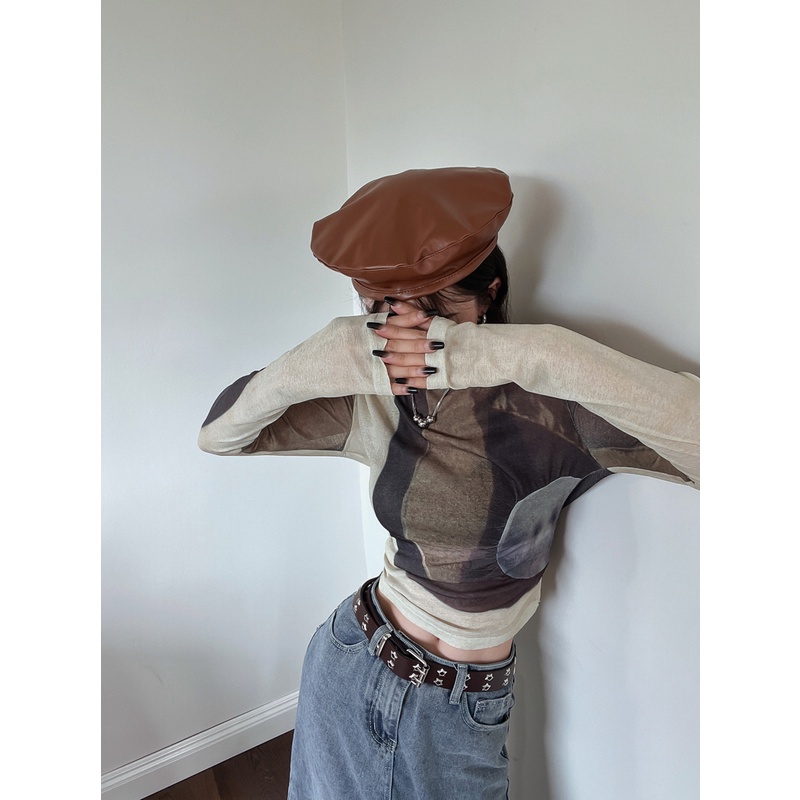 Cocory vn Áo Croptop Tay Dài Cổ Tròn Màu Tương Phản Thời Trang Mùa Thu Cho Nữ