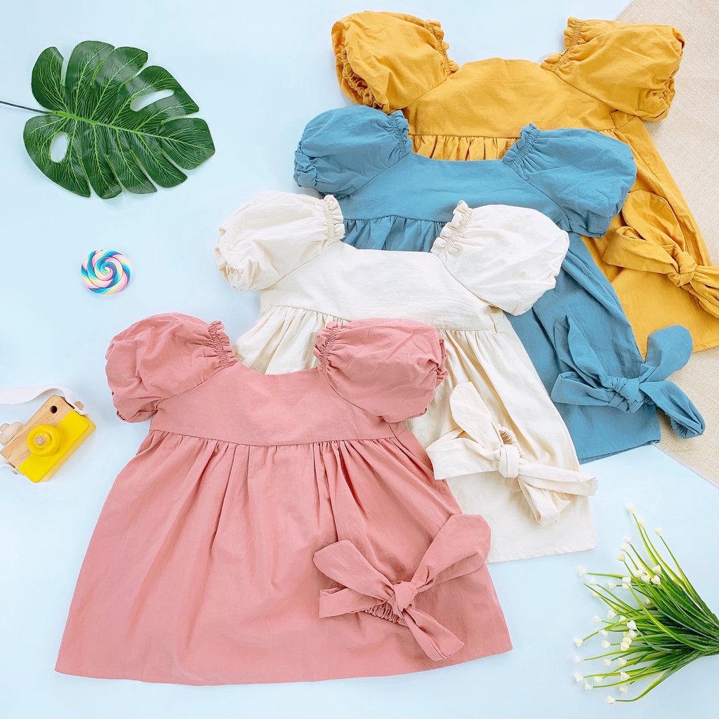 Váy babydoll tay phồng phối nơ lưng kèm băng đô bé gái 1 2 3 4 tuổi MINTSCLOSET Mint's Closet - GS1072