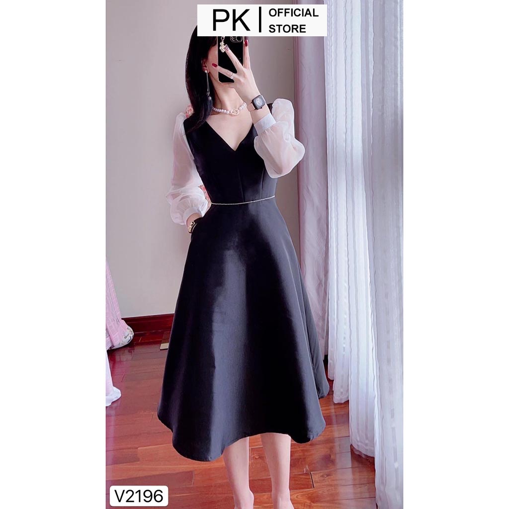 Váy Xoè Đen Cổ V Tay Dài Phối Voan V2196, Đầm Xoè Tafta Cao Cấp - PK Official