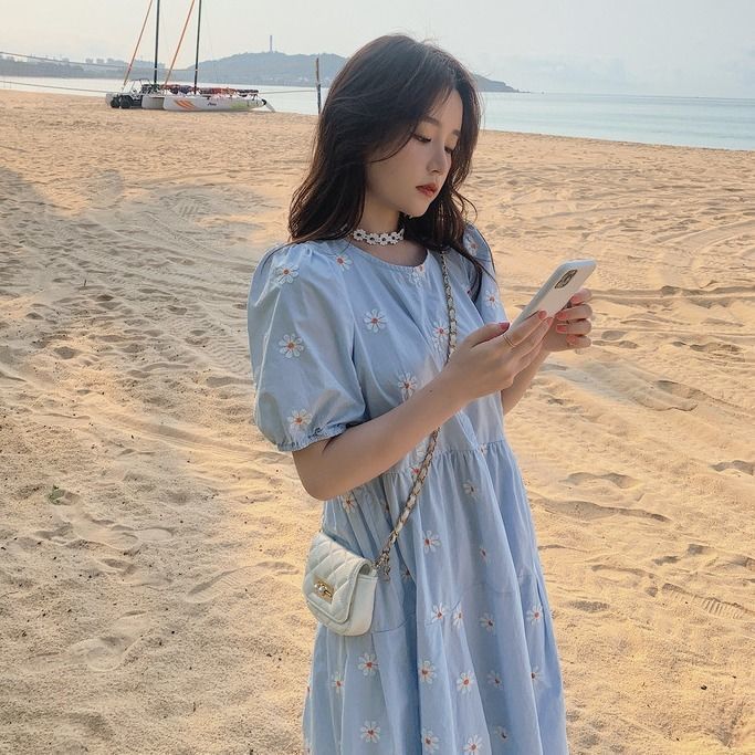 Đầm Suông Tay Phồng Họa Tiết Hoa Cúc Trẻ Trung Thanh Lịch Dành Cho Nữ đầm bầu váy nữ váy bé gái váy dài chân váy dài váy nữ chân váy dài