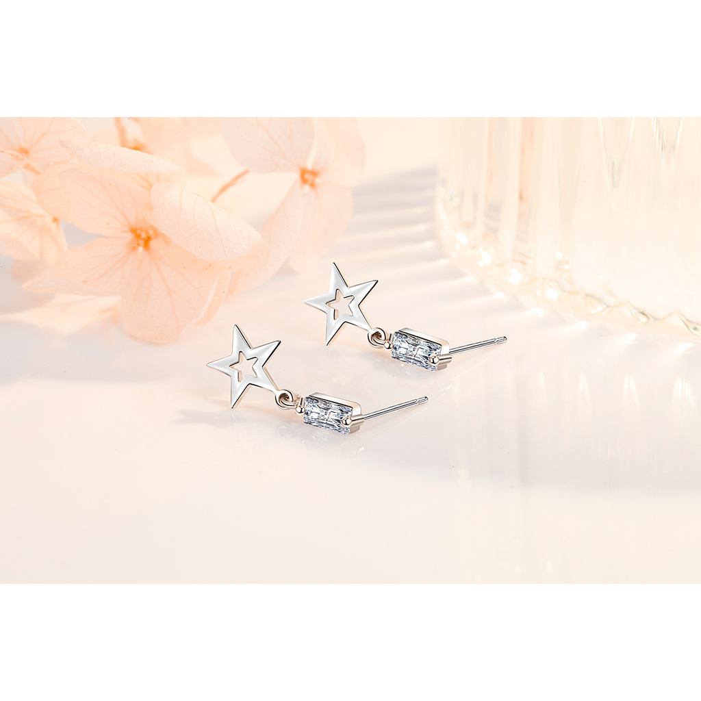 Khuyên Tai Bạc 925 Hình Ngôi Sao Năm Cánh Đính Đá Zircon Phối Dây Tua Rua Ngọt Ngào Cho Nữ-S1