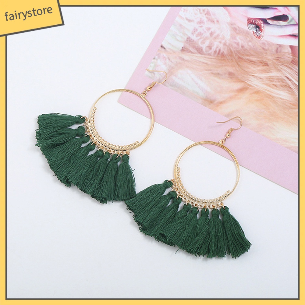 Khuyên Tai Tròn Đính Đá Phối Tua Rua Phong Cách Bohemian