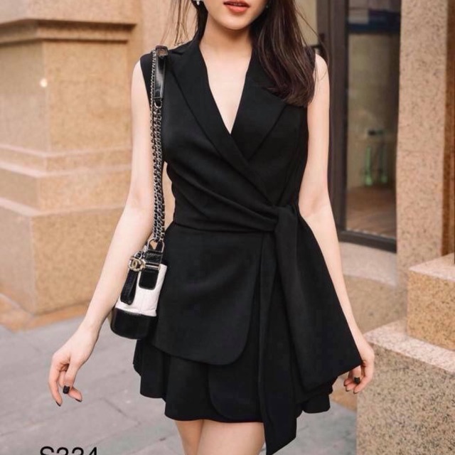 JANGMI - S334 SET ÁO CỔ VEST BUỘC NƠ + CHÂN VÁY XẾP LY