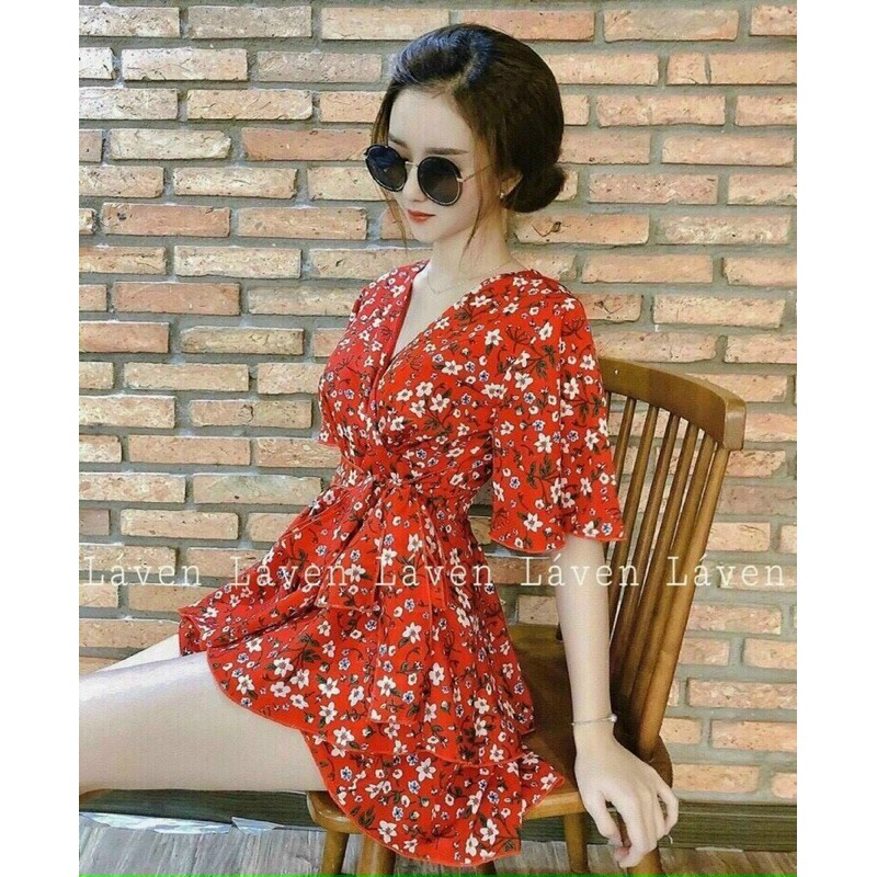 Vay hoa nhí thắt nơ eo cổ V siêu xinh