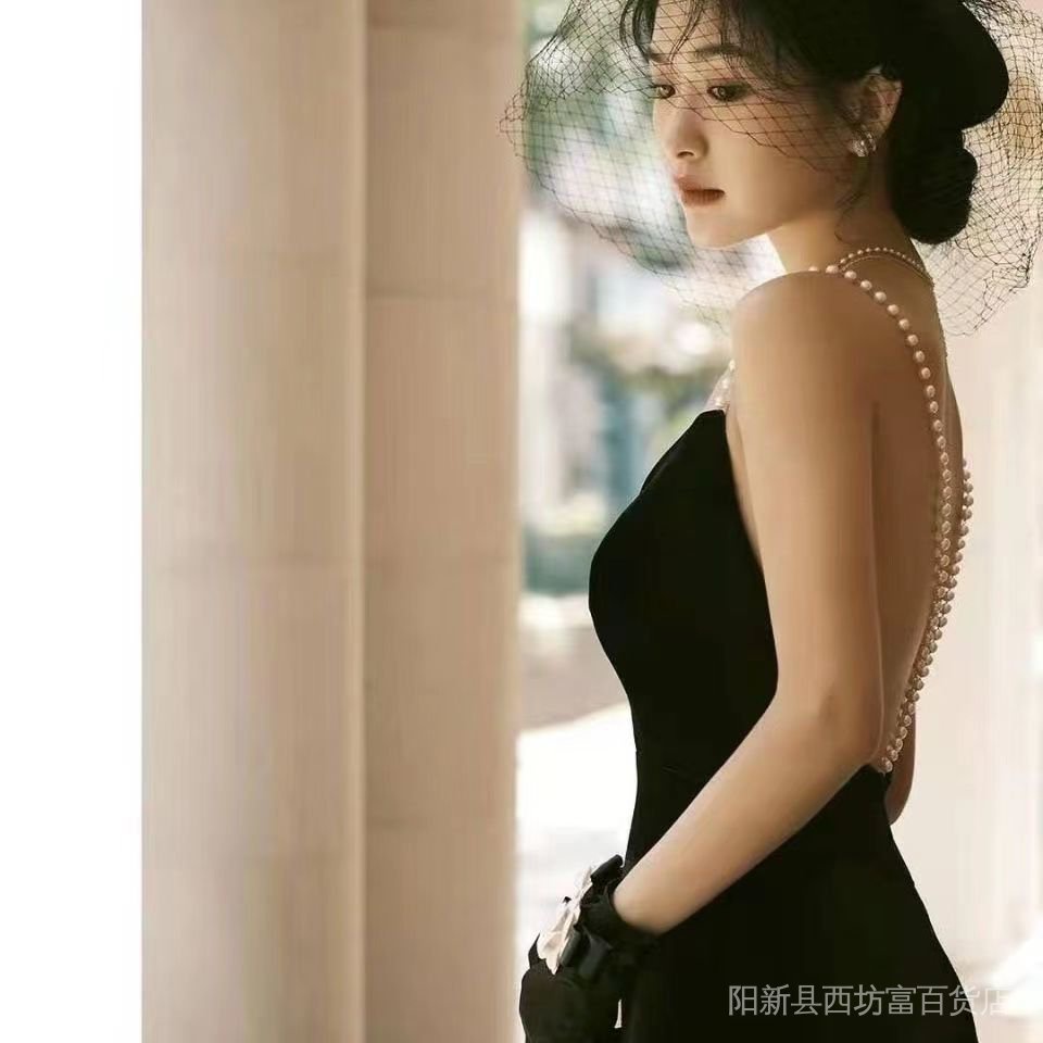 Đầm Nhung Đen Hai Dây Phong Cách Pháp Cổ Điển 36Q5 Dùng Làm Đạo Cụ Chụp Ảnh Cưới / Studio