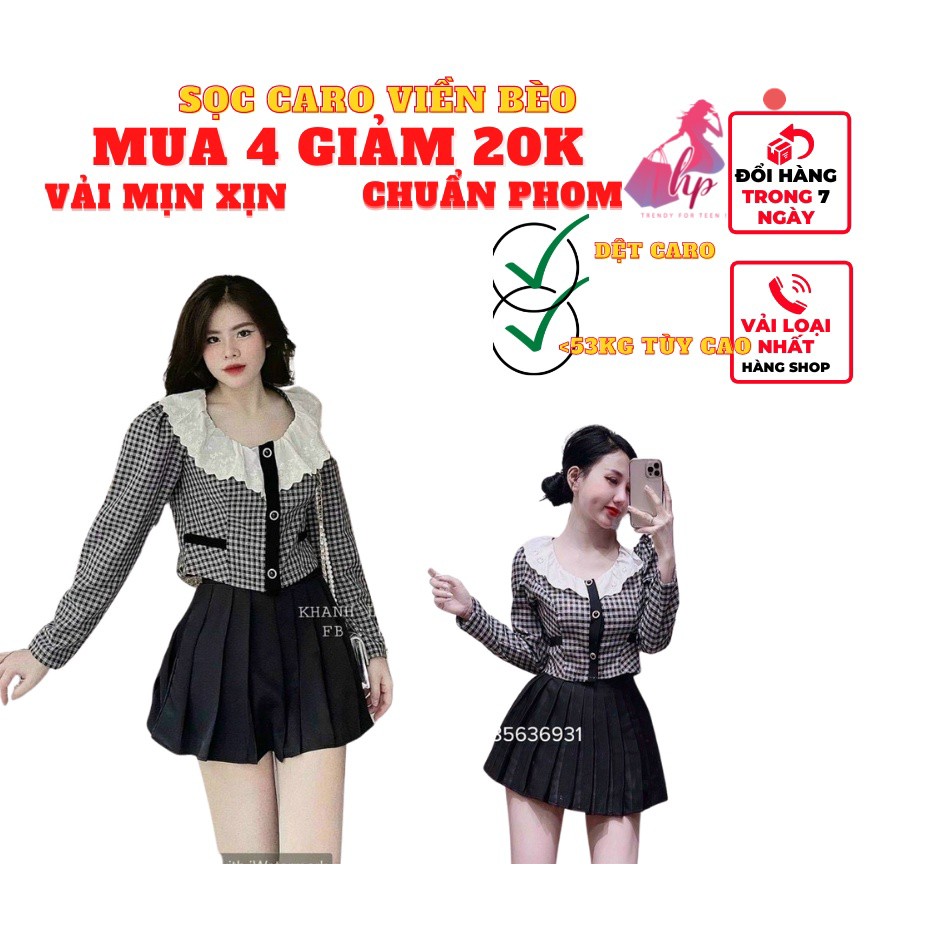 Áo sơ mi nữ viền bèo tay dài hàn quốc kẻ sọc caro trắng đen phối phong cách hàn thời trang nữ