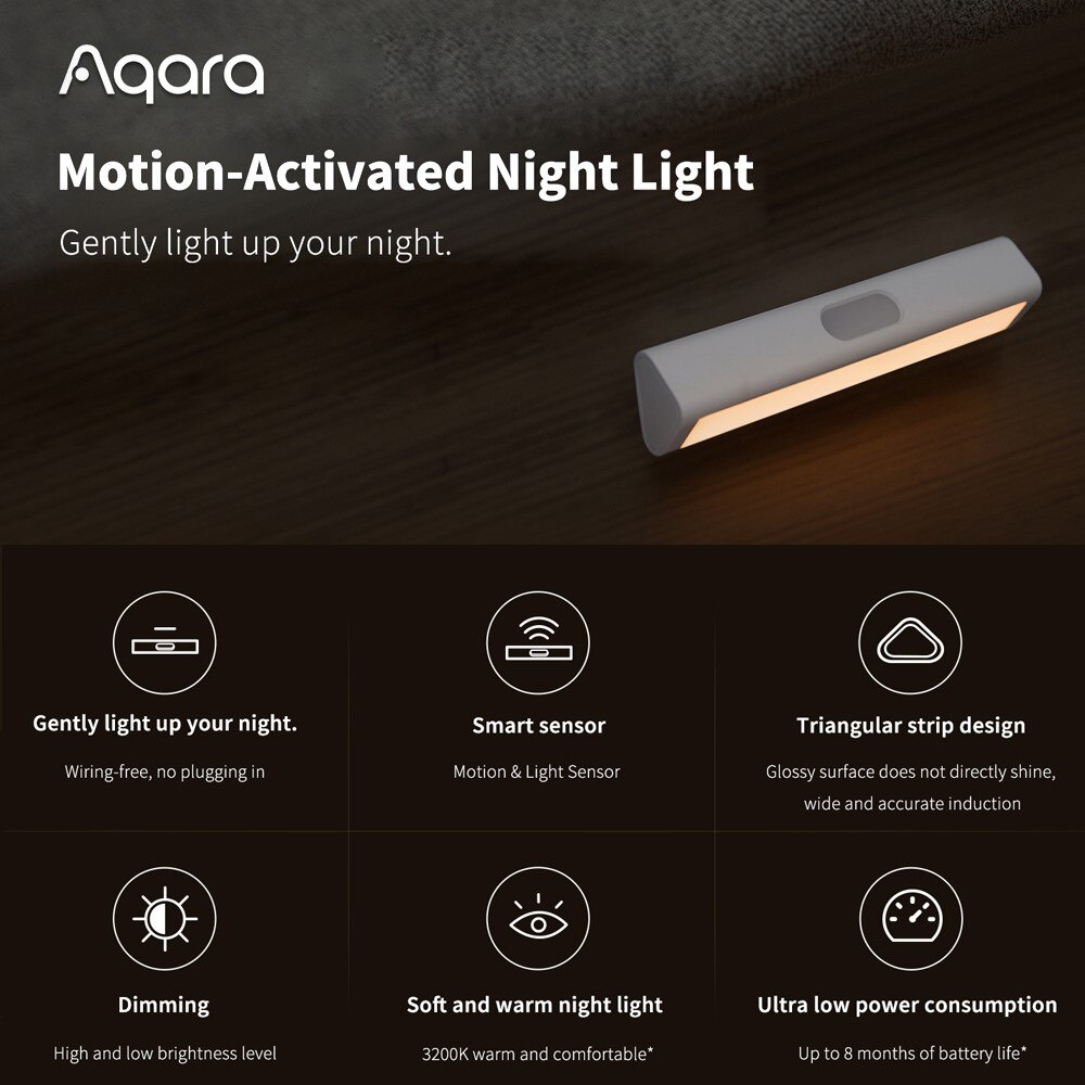 Aqara Induction LED Night Light Magetic Design 2 Level Brightness Human Body Sensor 8 Month Standby Time for Bedroom Closet