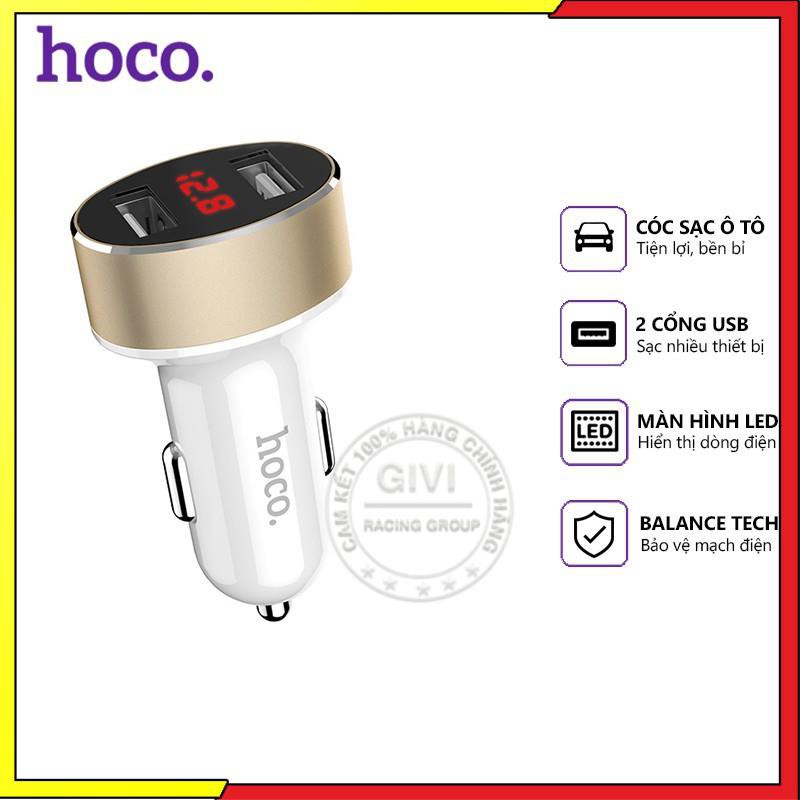 Cóc sạc nhanh Hoco Z26 trên xe hơi 2 cổng USB 2.1A, nhựa ABS, màn hình led, tương thích nhiều thiết bị