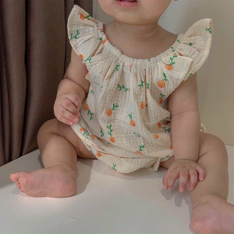 vải xô muslin hình quả quýt cam nền be xô 2 lớp loại 1 mềm mịn