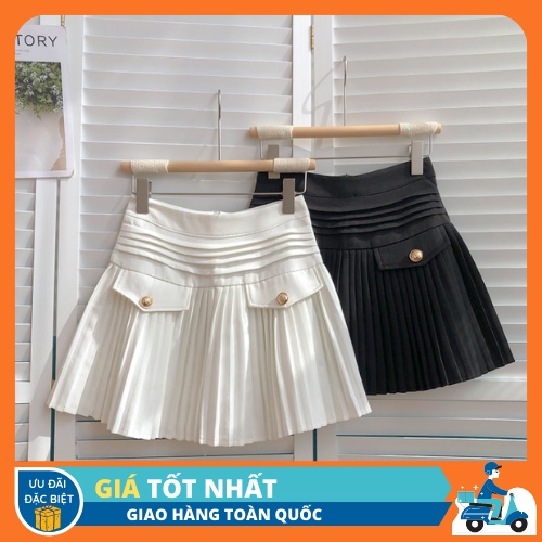 Chân váy xếp ly bé dáng chữ A phối khuy