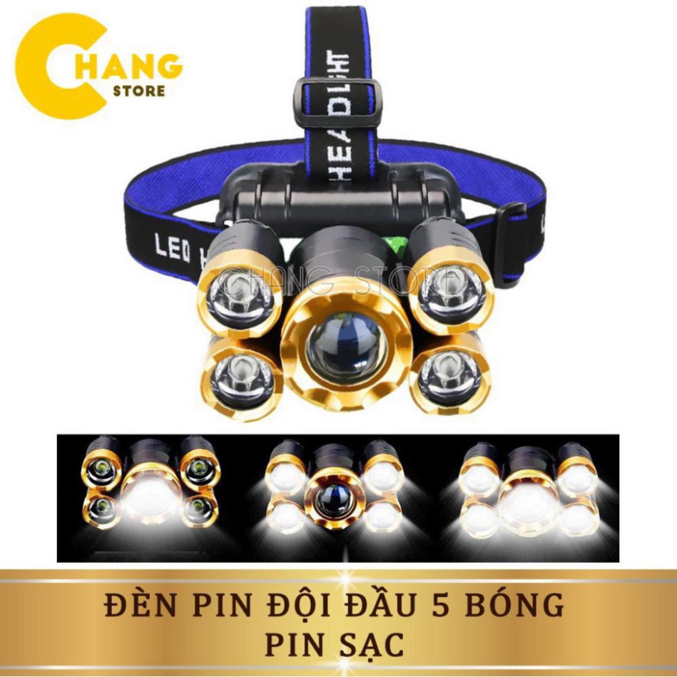 Đèn  Siêu Sáng Đội Đầu Đeo Trán 5 Bóng T6 Kèm Pin Sạc