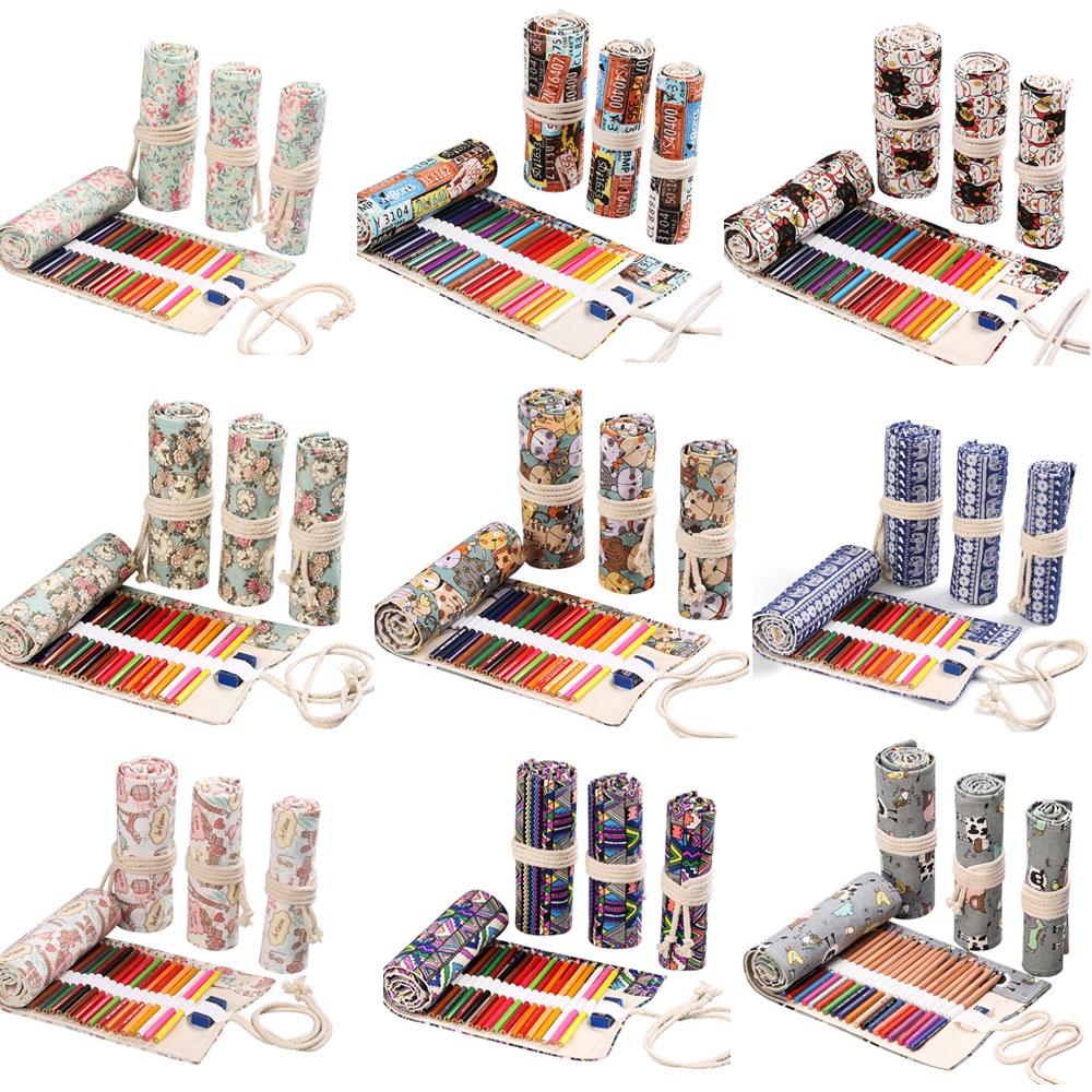 Túi cuộn canvas Ruixiang đựng bút/cọ trang điểm 12/24/48 ngăn đa năng tiện lợi