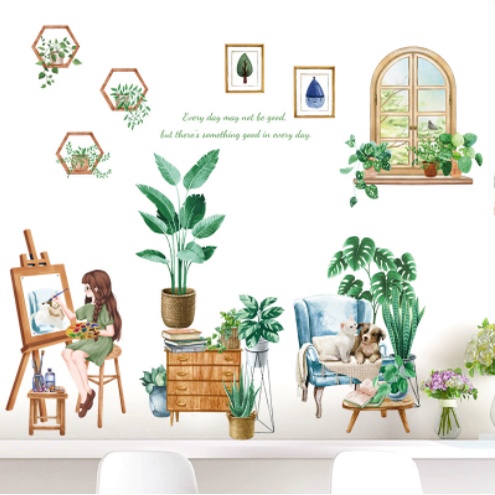 Decal trang trí tường - Cô gái vẽ tranh và 2 bạn cún trên sofa