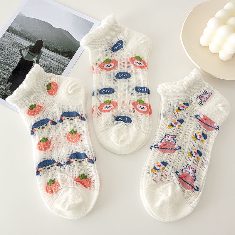 Vớ Ren Siêu Mỏng Thoáng Khí Màu Trắng Hình Gấu Dễ Thương Cho Nữ