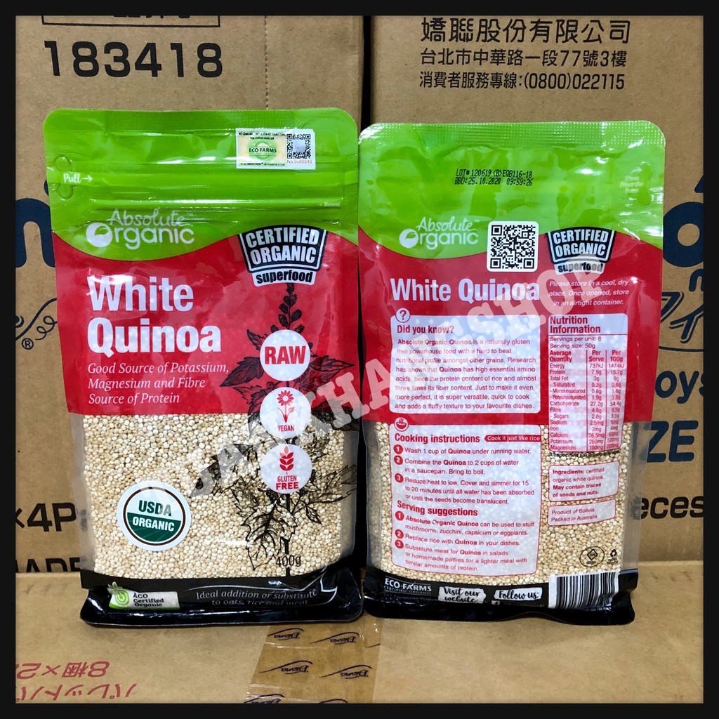 (TEM CHÍNH HÃNG) Hạt Diêm Mạch Trắng Quinoa Absolute Organic Úc 400g