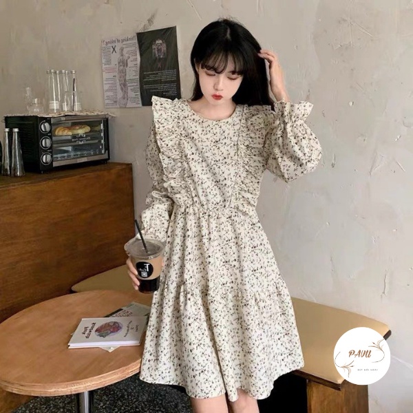 Váy hoa nhí vintage dáng xòe cổ tròn, Đầm hoa nhí vintage cổ tròn  viền bèo tiểu thư | BigBuy360 - bigbuy360.vn