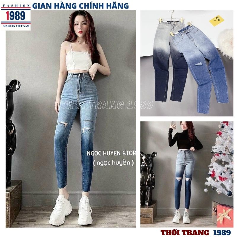 Quần jeans bò nữ loang mầu rách gối kiểu dáng hàn quốc ống bó ôm sát tôn dáng chân dài cạp cao -PHƯƠNG 1989