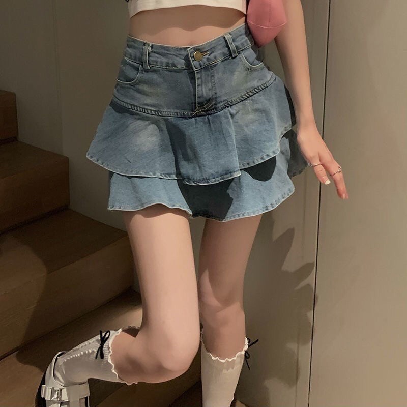 Chân Váy Jean Dáng Xòe Lưng Cao Hai Tầng, Chất Jean Cao Cấp, Mang Tôn Dáng