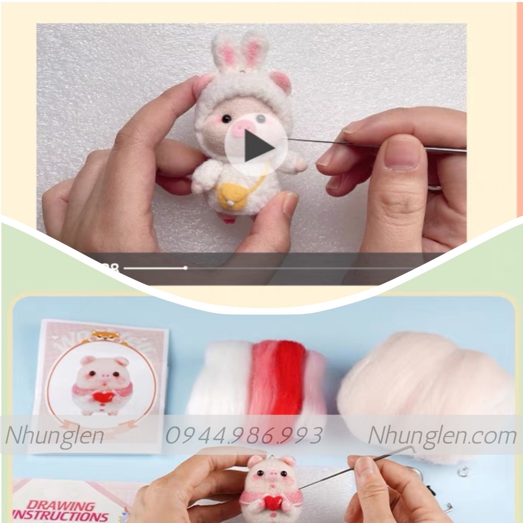 Bộ kit len chọc Gia Đình Heo Dễ Thương làm quà DIY, móc khoá từ handmade, có hướng dẫn - Needle felting Pig Familyđồ