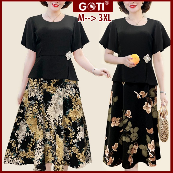 GOTI - Đầm Trung Niên Dáng Dài Kiểu Dự Tiệc Cao Cấp Vải Lụa Mềm Mịn Tay Ngắn Cho Mẹ U40 U50 3330 | BigBuy360 - bigbuy360.vn