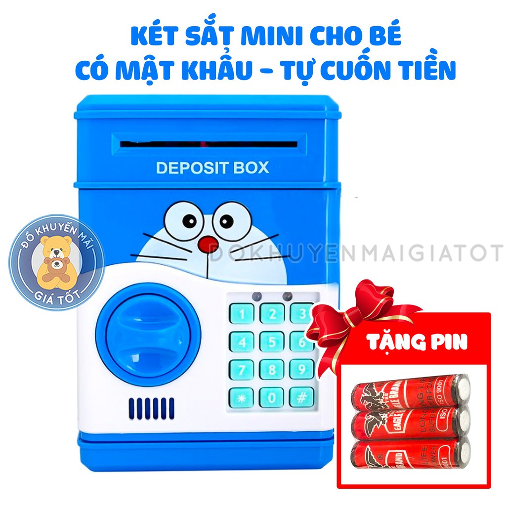 Két sắt mini thông minh / ống heo cho bé có mật mã hình mèo máy màu xanh dương tặng kèm 3 viên pin AA