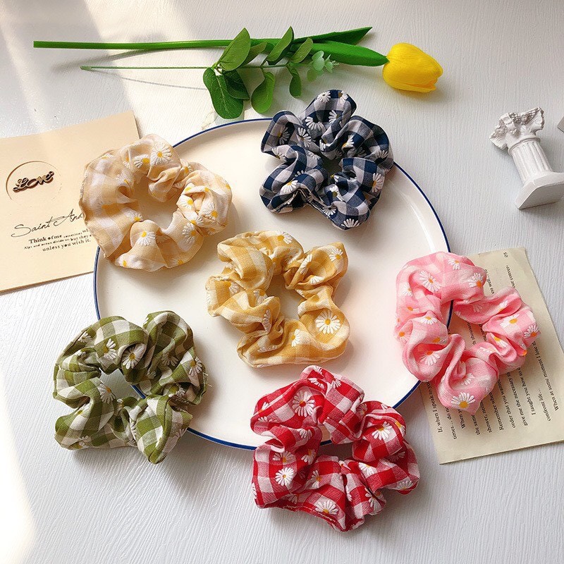 Dây cột tóc nữ vải caro hoa cúc co giãn siêu xinh, Dây buộc tóc vải caro hoa cúc hàn quốc cho nữ / giày thể thao97