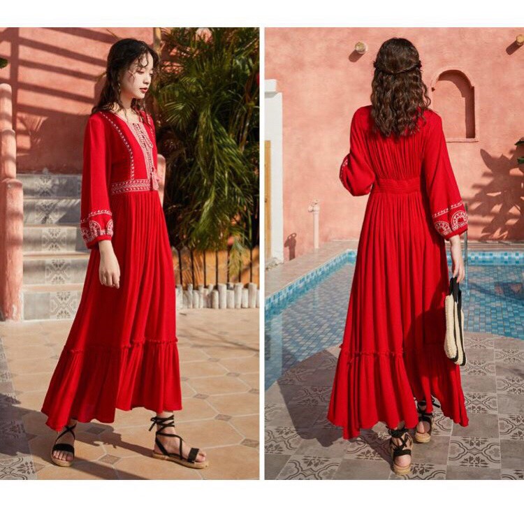 Váy Maxi Boho Vintage Đỏ Thêu Họa Tiết