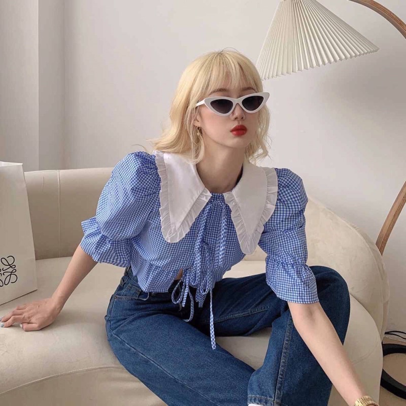 Áo sơ mi croptop tay ngắn cổ bèo kẻ sọc xanh phong cách Hàn Quốc