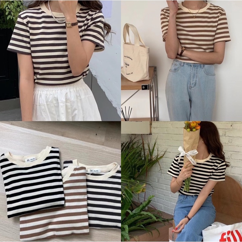 Áo kẻ ngang sợi dệt form vừa cổ tròn (A2805)