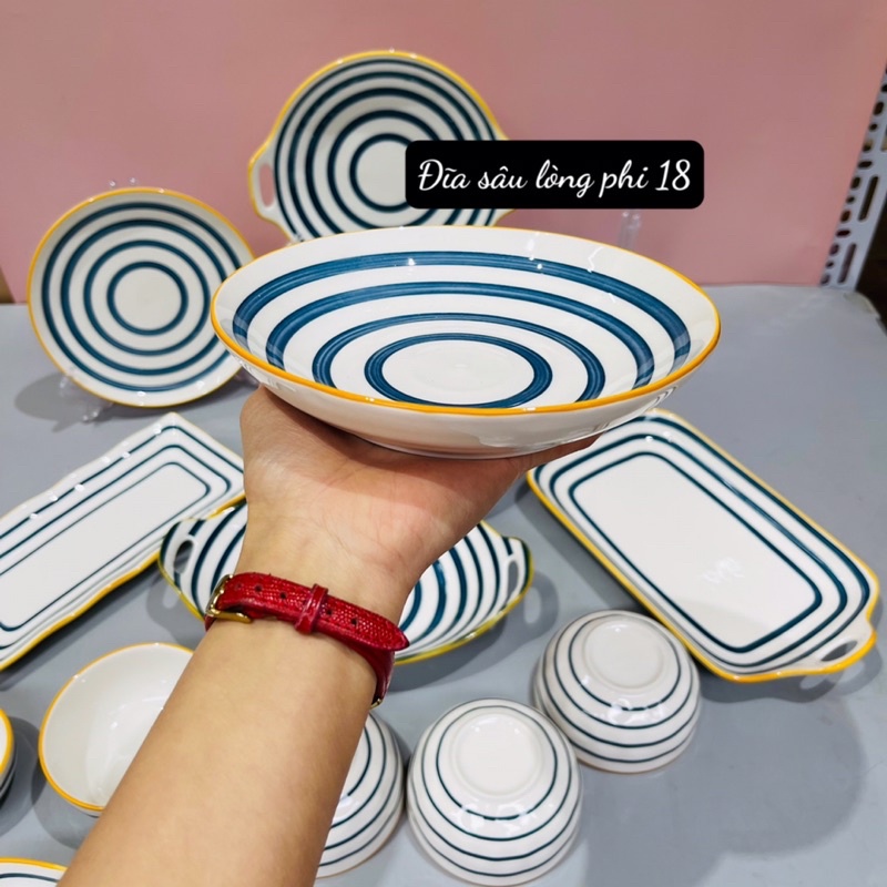 Bộ bát đĩa gốm sứ decor bộ Nhật kẻ siêu đẹp