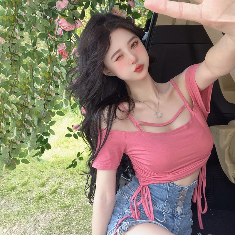 Áo Thun Crop Top Tay Ngắn Mềm Trễ Vai Cột Dây Dáng Ôm Phong Cách Hàn Quốc