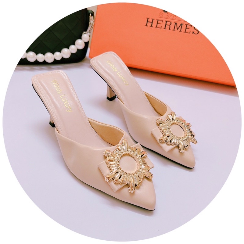 Bán Sỉ- Dép sục nữ cao gót mũi nhọn da lì hoa mặt trời gót nhọn 6cm