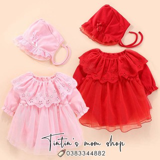 Sét Váy Body Cổ Bèo Thêu Hoa Đầy Tháng/ Thôi Nôi Cho Bé Gái (Kèm Mũ Bèo Tiểu Thư)
