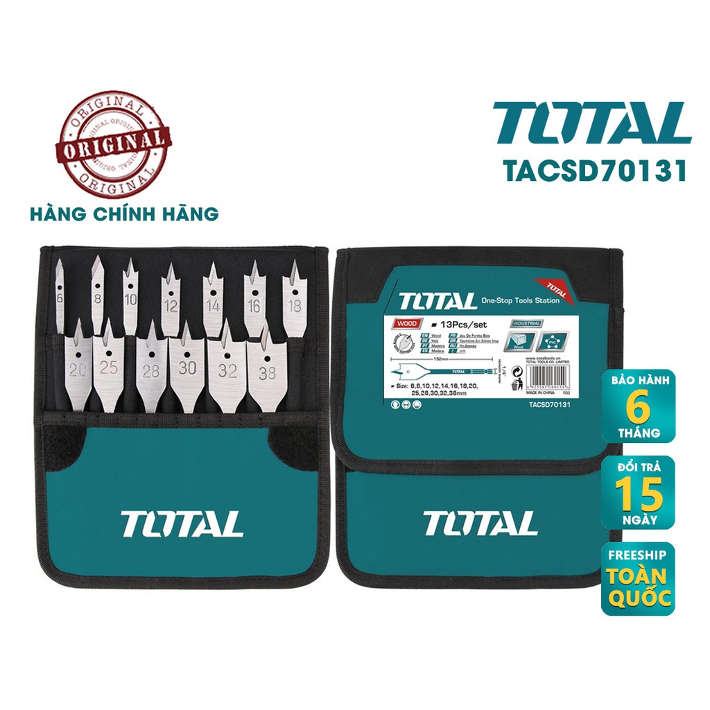 Combo 13 mũi khoan gỗ đầu dẹp TOTAL TACSD70131 chính hãng, mũi khoan gỗ đuôi lục giác chiều dài 152mm, thiết kế an toàn