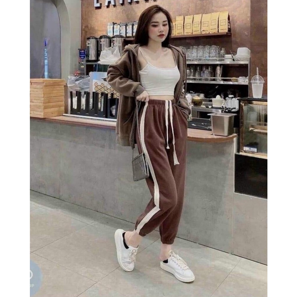 Quần Jogger nữ bo gấu phối sọc có dây rút nỉ tăm loại 1, Quần nỉ tăm nữ sọc viền có dây rút bo gấu KK31