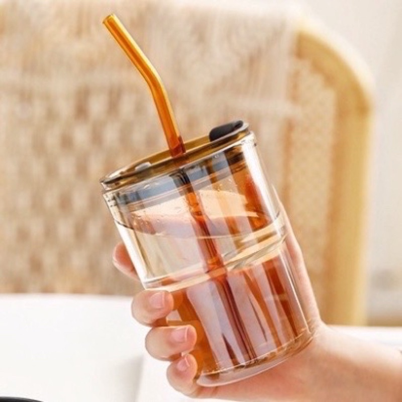 Ly Nước Vỏ Da Có Nắp Và Ống Hút,Uống Nước Sang Chảnh Dung Tích 450ml Cốc Thuỷ Tinh