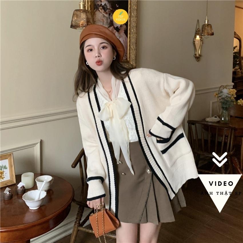 Áo Len Cardigan Nữ 2 Túi Trước Đen Trắng Phong Cách Hàn Quốc Tep Venus