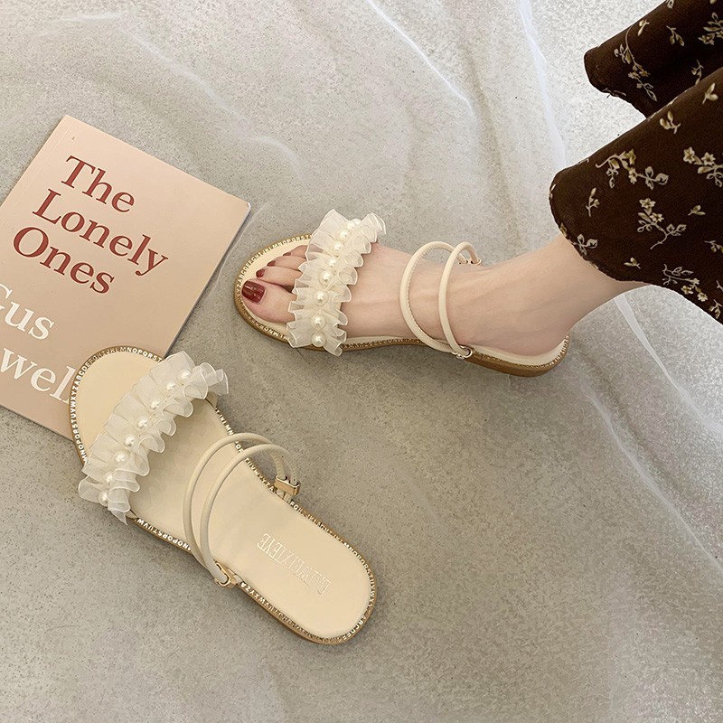 Dép Sandal Mùa Hè Hai Quai Đế Phẳng Phong Cách Thời Trang Hàn Quốc Mới Cho Nữ Sinh