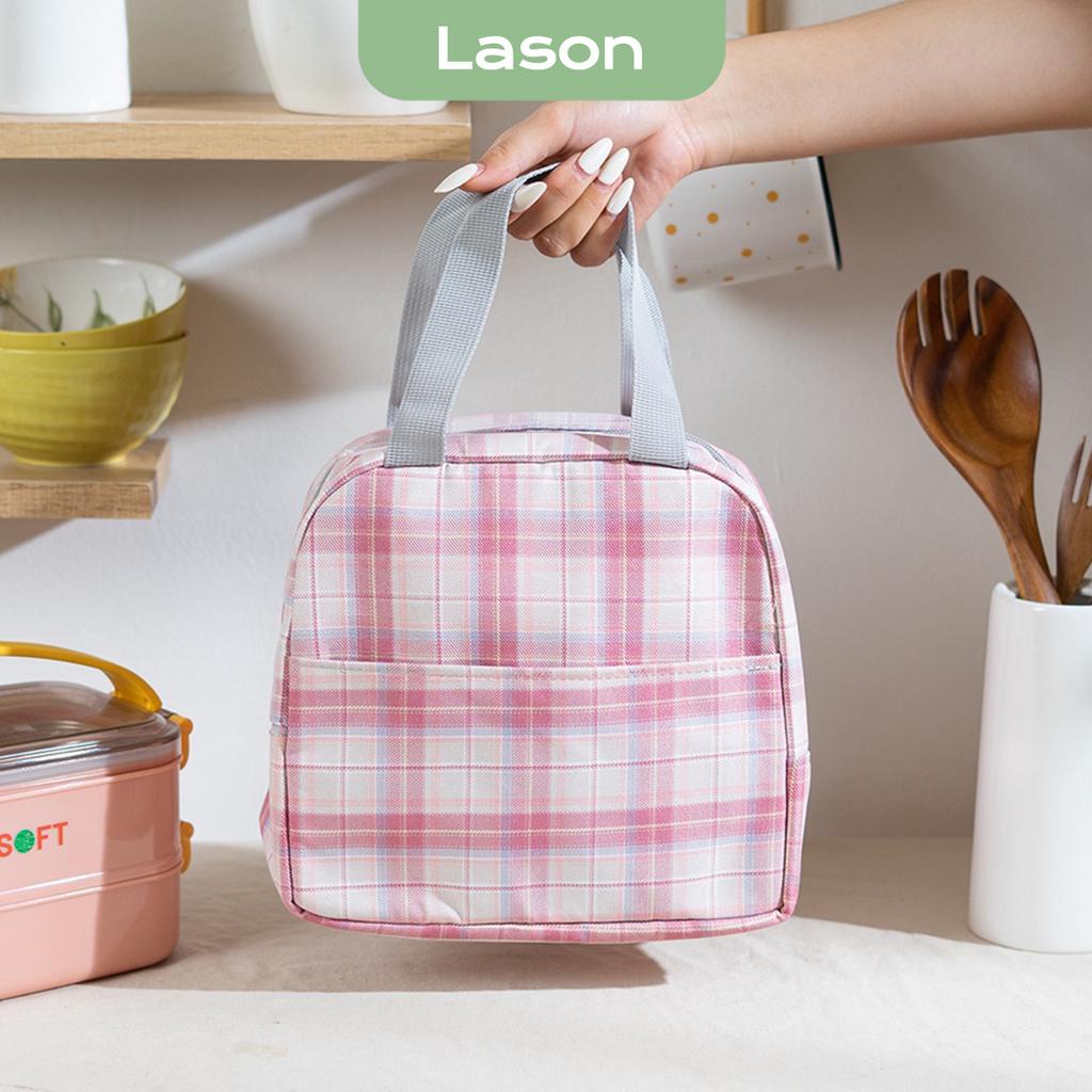 Túi đựng hộp cơm giữ nhiệt kẻ ô cao cấp LASON, túi giữ nhiệt ca men, cặp lồng TC00122