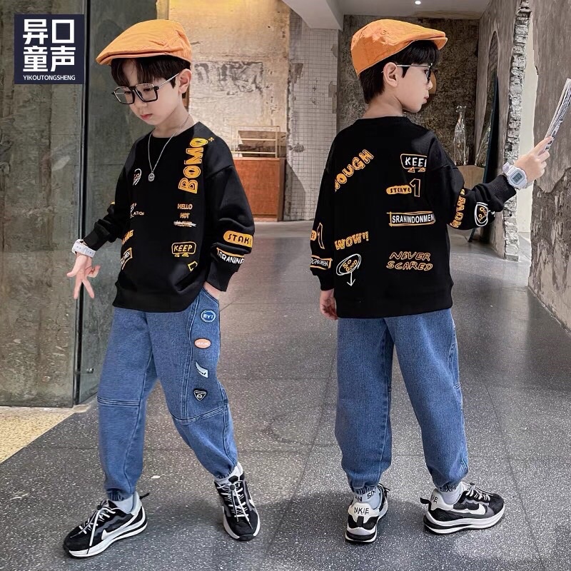 Bộ đồ thu đông cho bé trai size đại từ 18-40kg- áo da cá , quần bò mềm