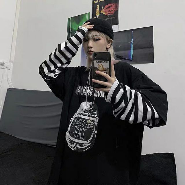 (Sẵn Trắng, Đen M L XL 2XL) Áo thun dài nối tay 95% cotton phối sọc unisex nam nữ | BigBuy360 - bigbuy360.vn