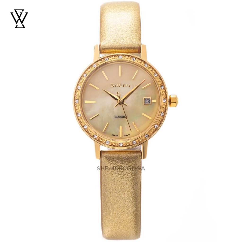 Đồng Hồ Quartz Nữ Casio Sheen WATCHSTORE SHE-4060GL-9AUDF Thiết Kế Mặt Kính Khoáng 28mm, Dây Đeo Da, Vỏ Thép Không Gỉ