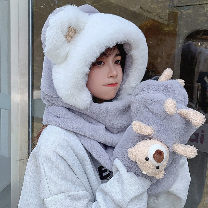 Khăn Quàng Cổ / Mũ / Găng Tay 3 Trong 1 Siêu Mềm Họa Tiết Gấu Hoạt Hình Dễ